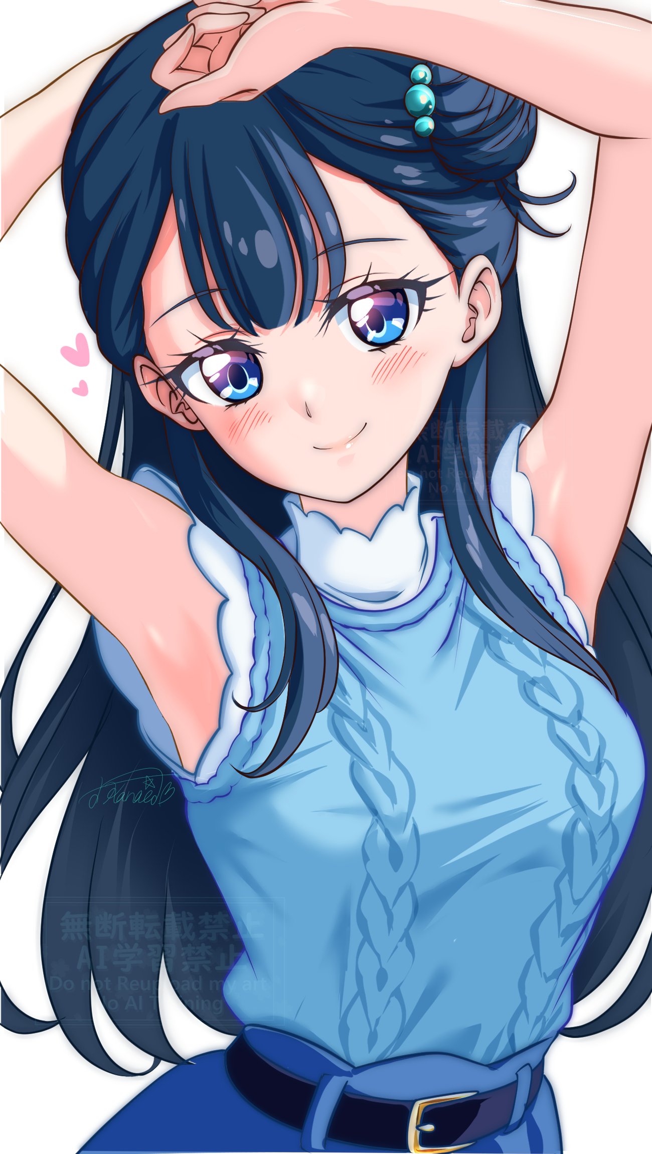 1girl, arms_up, belt, blue_eyes, blue_hair, blue_shirt, blue_skin, breasts, colored_skin, hair_bun, heart, highres, hugtto!_precure, kakikakilemon, long_hair, looking_at_viewer, medium_breasts, precure, shirt, single_hair_bun, sleeveless, sleeveless_shirt, yakushiji_saaya