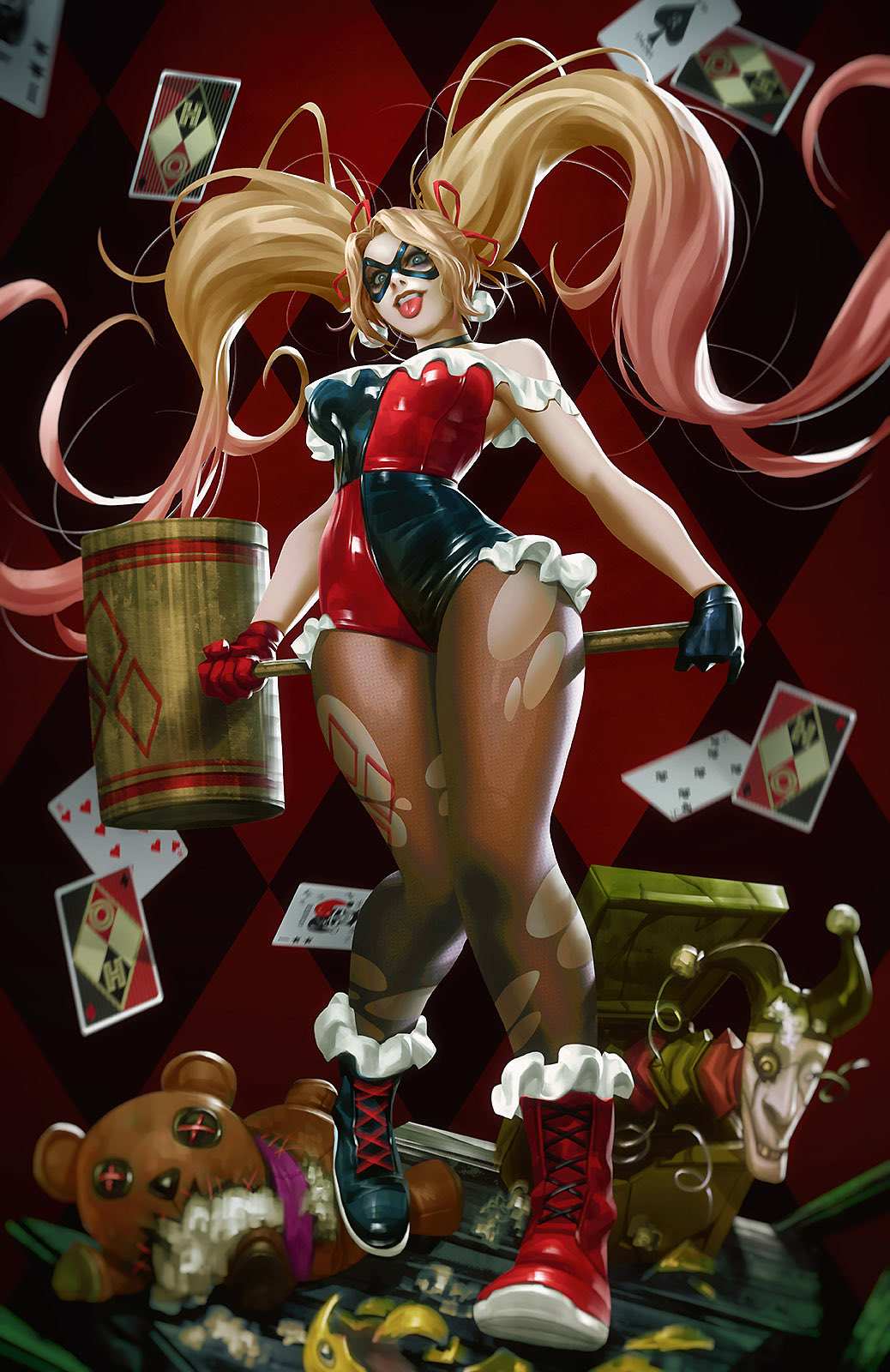 arms_at_sides, blonde_hair, blue_eyes, boots, breasts, brown_pantyhose, colored_skin, colored_tips, curvy, dc_comics, dcwj, domino_mask, eye_mask, from_below, giant_hammer, gloves, harley_quinn, highres, holding, holding_weapon, large_breasts, leotard, long_hair, looking_at_viewer, makeup, mask, multicolored_hair, multicolored_leotard, narrow_waist, pantyhose, pink_hair, thick_thighs, thighs, torn_clothes, torn_pantyhose, twintails, very_long_hair, weapon, western_comics_(style), white_skin