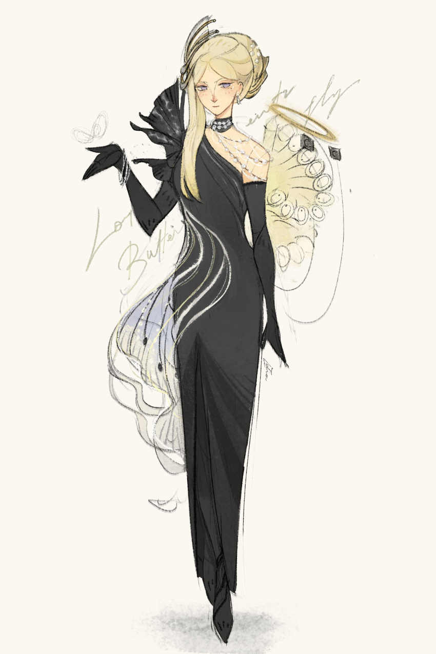 1girl, absurdres, alternate_costume, black_choker, black_dress, black_pantyhose, blonde_hair, blue_eyes, character_name, choker, crossed_ankles, dress, elbow_gloves, full_body, gloves, hair_bun, hair_ornament, hand_up, hands_up, highres, idiascheden010, long_dress, lorentz_butterfly, pantyhose, reverse:1999, single_bare_shoulder, solo, standing, white_background