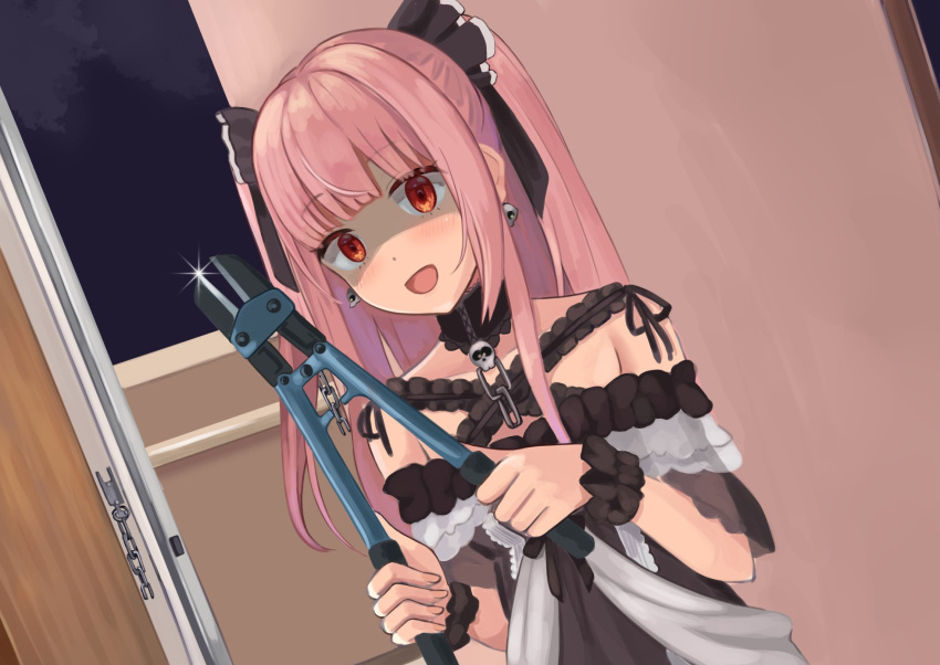1girl, black_dress, blush, bolt_cutters, breaking_and_entering, broken, broken_chain, chain