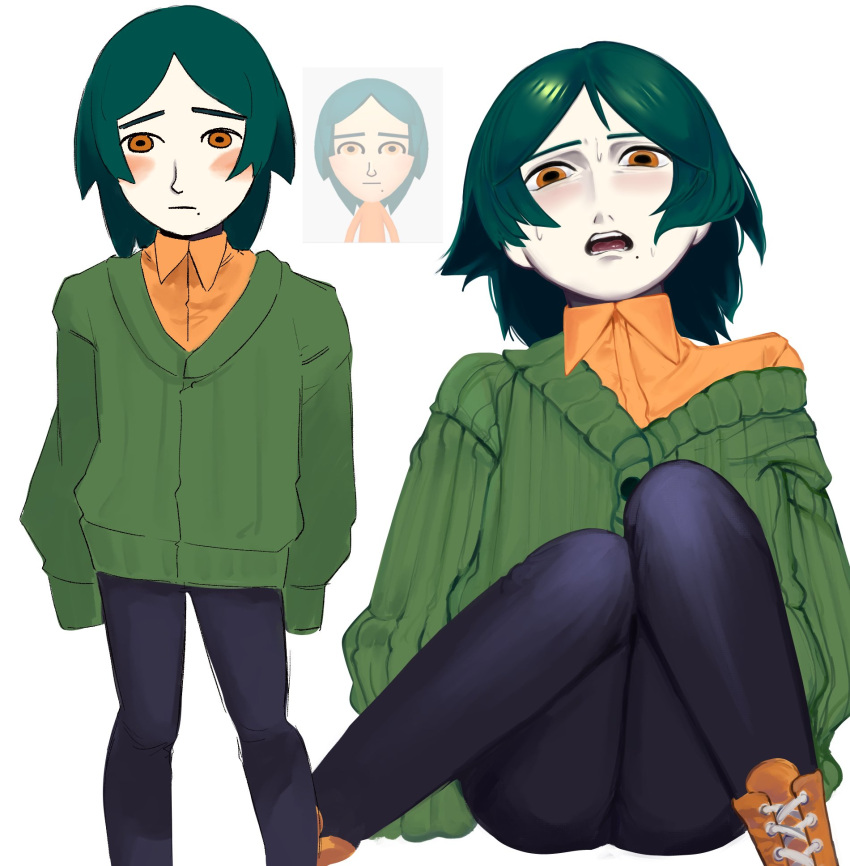1boy, 1girl, androgynous, black_pants, blush, boots, cardigan, closed_mouth, collared_shirt, commentary_request, feet_out_of_frame, green_cardigan, green_hair, green_shirt, green_sweater, highres, imotyo_79, knees_up, long_sleeves, looking_at_viewer, looking_to_the_side, male_focus, medium_hair, mii_(nintendo), mole, mole_under_mouth, multiple_views, nervous, nintendo, off_shoulder, open_mouth, orange_eyes, orange_shirt, orange_sweater, pale_skin, pants, pantyhose, parted_bangs, photo_inset, reference_inset, shirt, shoes, simple_background, sitting, sleeves_past_fingers, sleeves_past_wrists, sweat, sweatdrop, sweater, teeth, white_background