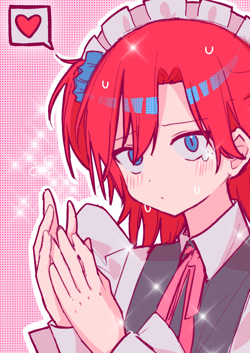 1boy, blue_eyes, blush, closed_mouth, commentary_request, crossdressing, crossdressing_(mtf), dot_mouth