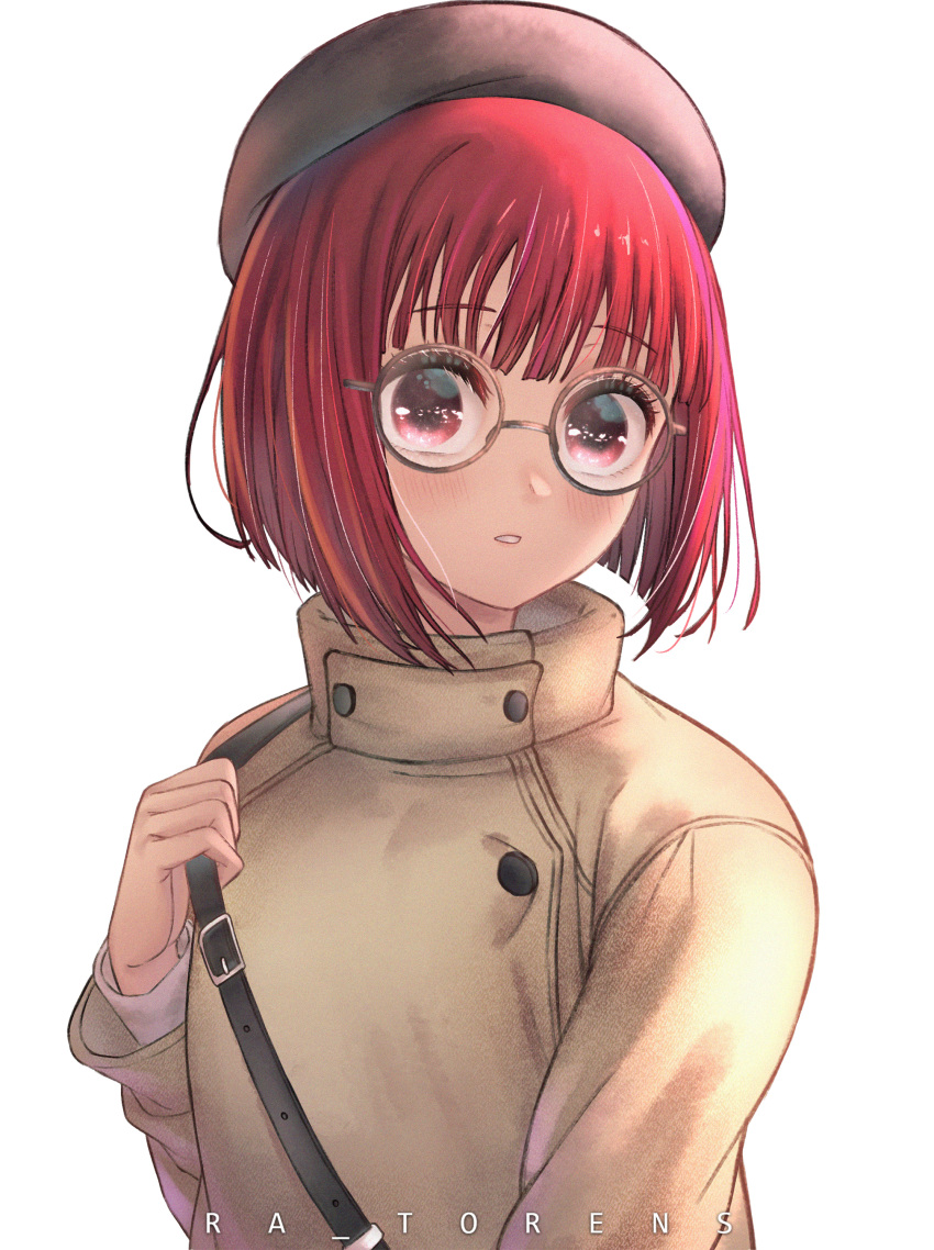 1girl, absurdres, arima_kana, artist_name, beret, black_hat, bob_cut, brown-framed_eyewear, brown_coat, coat, glasses, hat, highres, inverted_bob, long_sleeves, looking_at_viewer, oshi_no_ko, parted_lips, ra_torens, red_eyes, red_hair, round_eyewear, short_hair, simple_background, solo, upper_body, white_background