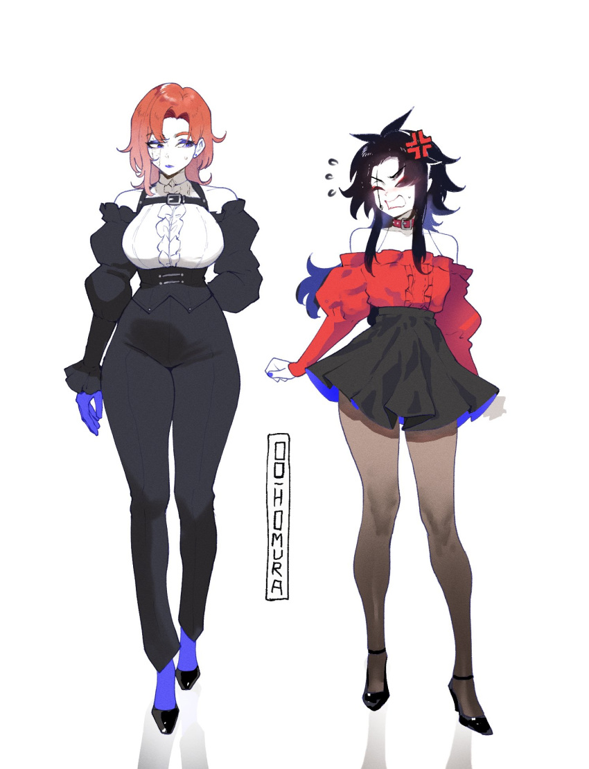 2girls, black_hair, bloodlight_(nyantcha), blue_eyes, breast_envy, breasts, commentary, curtained_hair