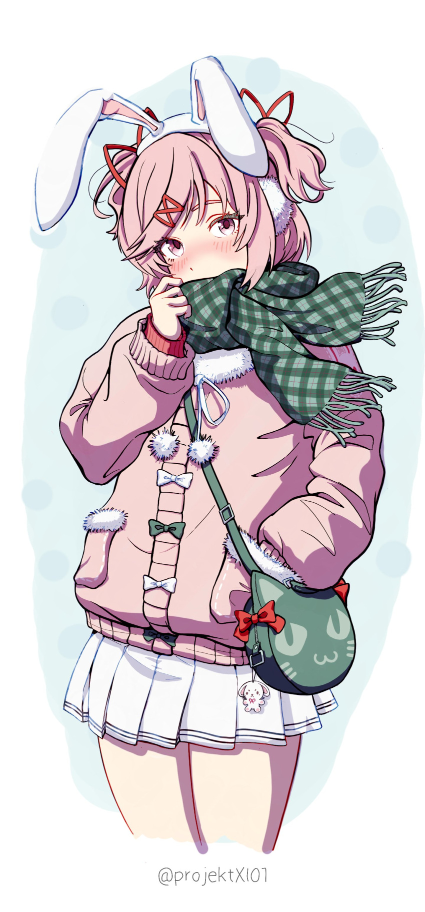 1girl, absurdres, alternate_costume, animal_ears, bag, blue_background, blush, coat