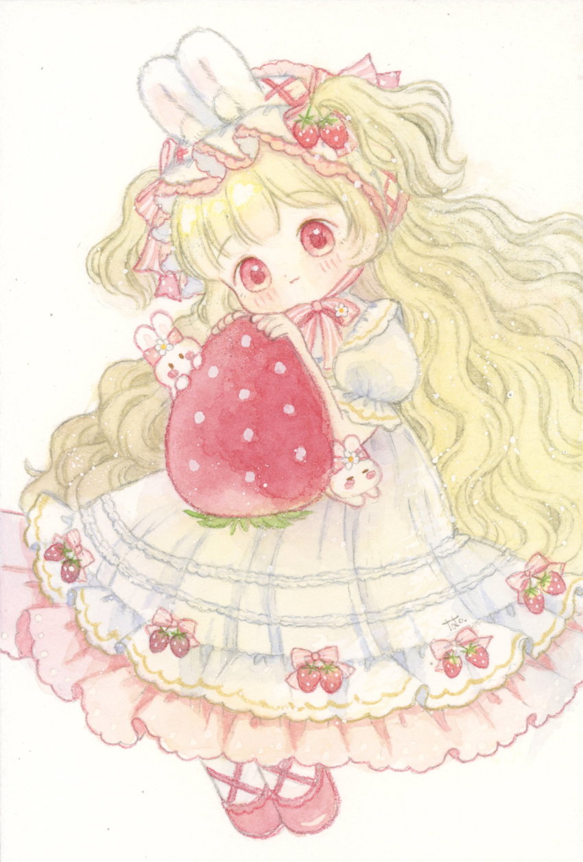 1girl, absurdres, animal_ears, blonde_hair, bonnet, dress, food, fruit