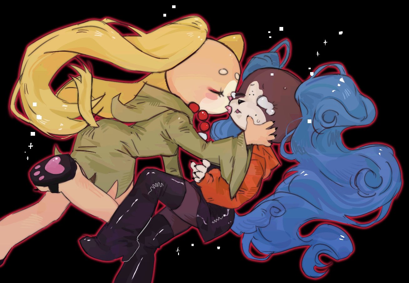 2girls, animal_ears, bead_necklace, beads, black_background, black_boots, black_skirt, blank_eyes, blonde_hair, blue_hair, boots, claws, cloak, closed_eyes, commentary, couple, dog_ears, dog_girl, freckles, furry, furry_female, furry_with_furry, green_cloak, hand_on_another's_face, hood, hood_down, hooded_cloak, hoodie, jewelry, licking, licking_another's_cheek, licking_another's_face, long_hair, long_sleeves, mistigri0000, multiple_girls, necklace, one_eye_closed, outline, paw_print, paw_shoes, pepper_parson, pinkie_cooper, pinkie_cooper_and_the_jet_set_pets, pinky_&amp;_pepper_forever, red_hoodie, red_outline, sandals, simple_background, skirt, sparkle, tearing_up, tears, thigh_boots, twintails, very_long_hair, yuri