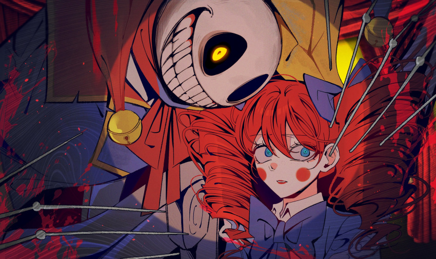 1boy, 1girl, bell, blood, blood_splatter, blue_bow, blue_eyes, bow