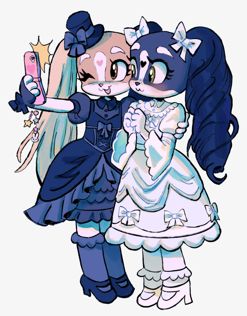 2girls, :3, ;d, accurate_lolita_coord, animal_ears, black_dress, black_hair, black_hat