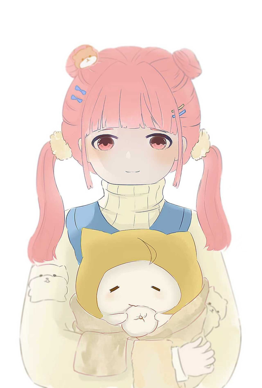 1girl, =_=, ahoge, animal, blue_bow, blue_vest, blunt_bangs, bow, cat, chinese_commentary, closed_mouth, clothed_animal, commentary_request, dog_hair_ornament, double_bun, downturned_eyes, ear_covers, eating, food, frilled_vest, frills, fur-trimmed_sleeves, fur_trim, gehaha_(xinjinjumin780663190669), guardian_floof_(infinity_nikki), hair_bow, hair_bun, hair_ornament, hair_scrunchie, hairclip, happy, highres, holding, holding_animal, holding_cat, holding_food, hood, hood_up, infinity_nikki, layered_sleeves, light_blush, long_hair, long_sleeves, looking_at_animal, low_twintails, momo_(nikki), nikki_(nikki), nikki_(series), parallel_hairclips, pink_eyes, pink_hair, puffy_long_sleeves, puffy_sleeves, scarf, scrunchie, shirt, simple_background, smile, steamed_bun, straight-on, turtleneck, turtleneck_shirt, twintails, unworn_scarf, upper_body, vest, wavy_hair, white_background, white_cat, white_scarf, white_scrunchie, white_shirt, winter_clothes, yellow_hood