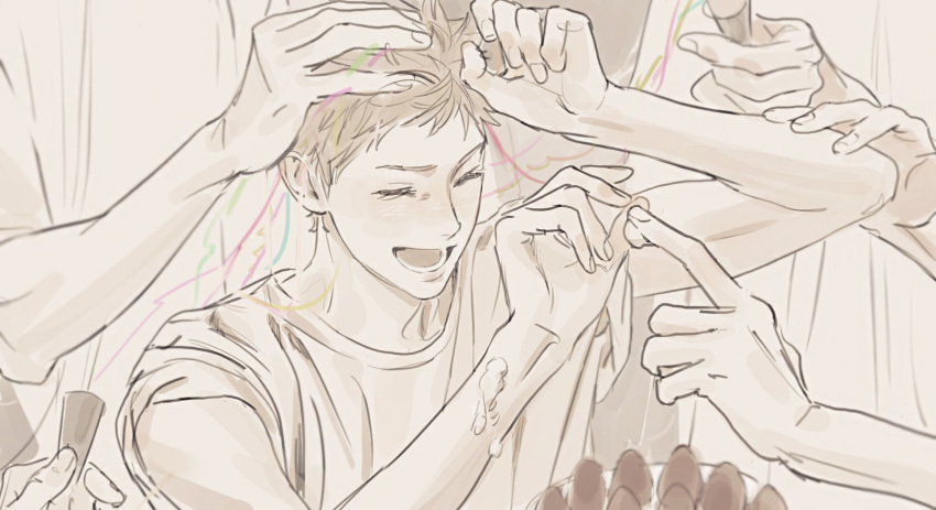 4boys, blush, cake, closed_eyes, commentary_request, food, haikyuu!!, hand_on_another's_head