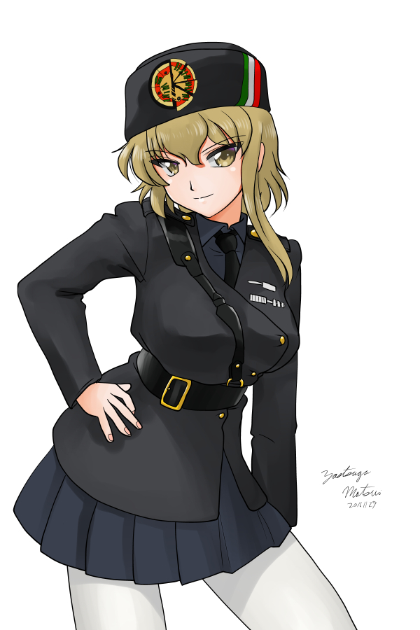 1girl, artist_name, belt, black_belt, black_jacket, black_necktie, blonde_hair, blue_skirt