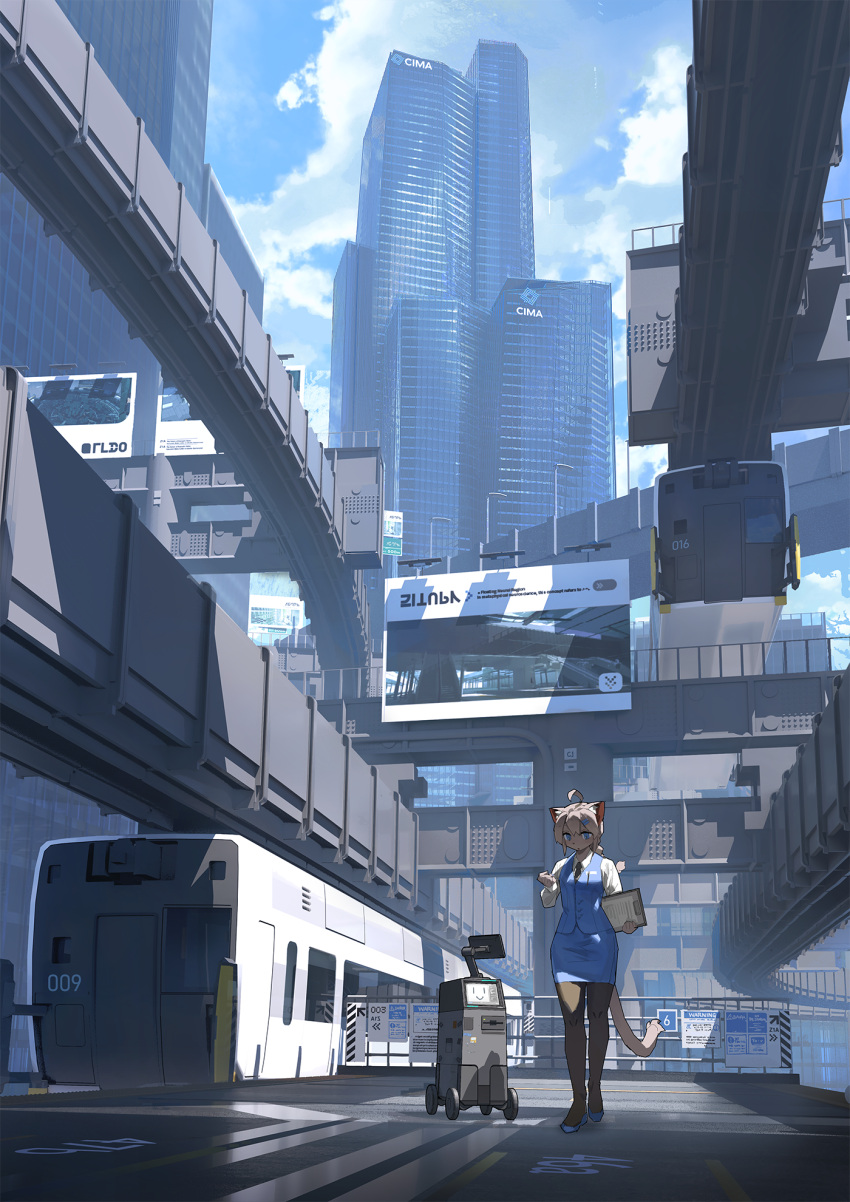ahoge, animal_ears, black_pantyhose, blue_sky, building, cat_ears, cat_girl, city