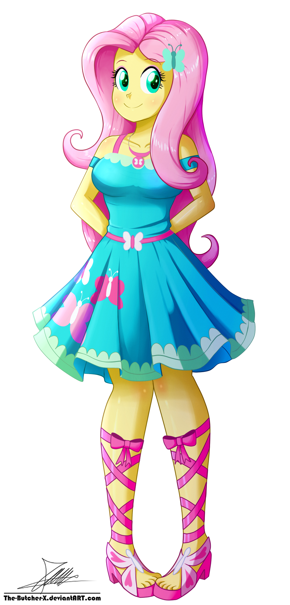 1girl, 2018, arms_behind_back, artist_name, bare_shoulders, blue_dress, breasts, butterfly_hair_ornament, collarbone, colored_skin, commission, deviantart, dress, eyelashes, fluttershy, full_body, geode, green_eyes, hair_ornament, hasbro, highres, large_breasts, light_blush, long_hair, looking_at_viewer, my_little_pony, my_little_pony:_equestria_girls, my_little_pony:_friendship_is_magic, pink_hair, pink_ribbon, ribbon, ribbon_trim, sandals, short_dress, simple_background, smile, solo, standing, the-butcher-x, toes, transparent_background, very_long_hair, watermark, web_address, yellow_skin