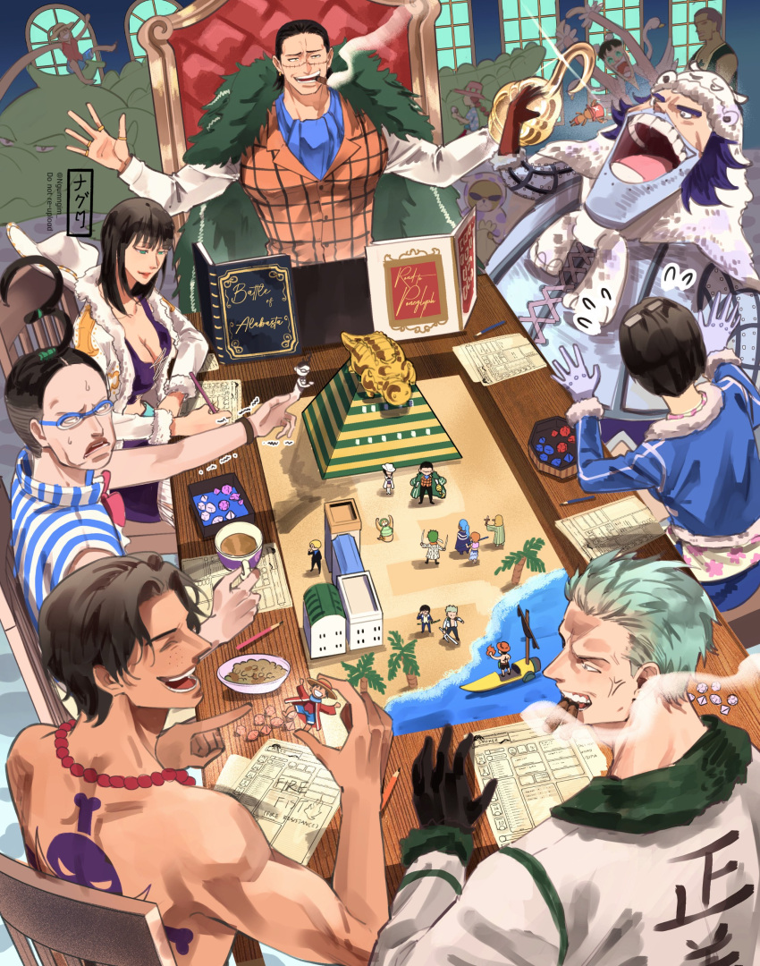 5girls, 6+boys, ^_^, absurdres, anger_vein, ascot, back_tattoo, bananawani_(one_piece)