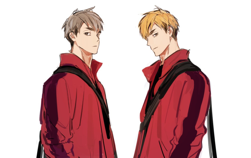 2boys, bag, blonde_hair, brothers, closed_mouth, commentary_request, duffel_bag, grey_hair