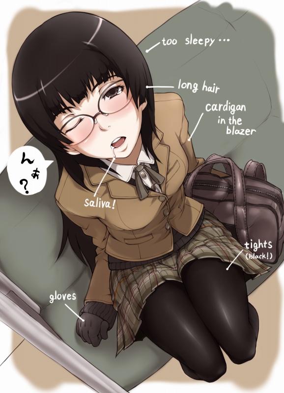 black_legwear, black_pantyhose, blazer, brown_eyes, cardigan, drooling, from_above, glasses