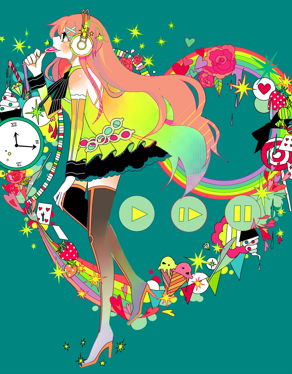 black_eyes, candy, card, cards, character_request, clock, falling_card, food