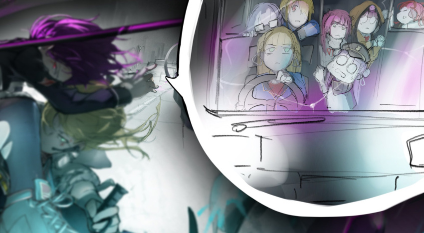 6+girls, aikawa_megumi, asakura_karen_(heaven_burns_red), asami_makiko_(heaven_burns_red), black_hat, blonde_hair, blurry, blurry_foreground