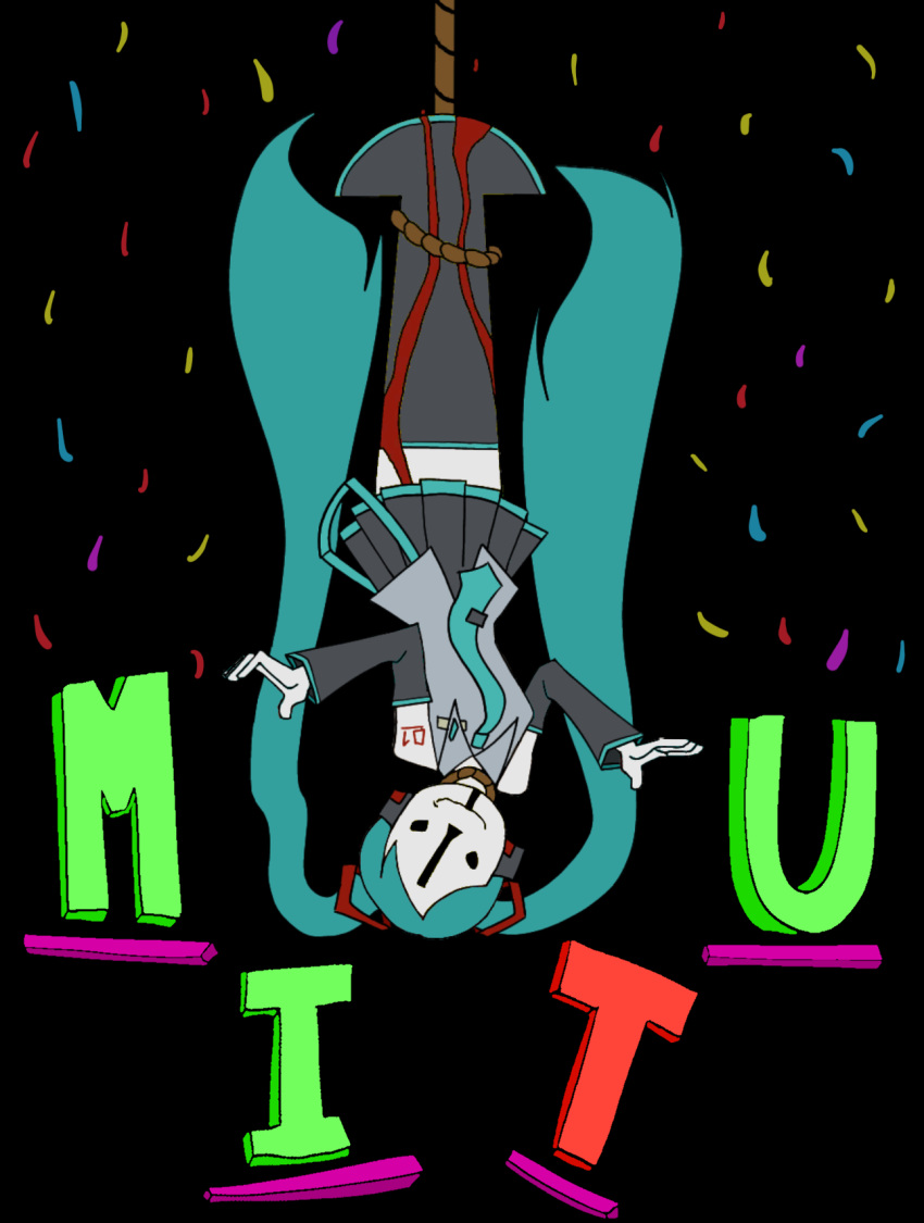 1girl, aqua_hair, blood, commentary, confetti, detached_sleeves, ena:_dream_bbq, ena_(series), english_commentary, fusion, hatsune_miku, highres, infinitary, long_hair, mitu_(ena), necktie, noose, pleated_skirt, rope, shirt, skirt, solo, twintails, upside-down, very_long_hair, vocaloid