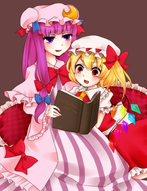 bad_id, blonde_hair, book, bow, crescent, demon_wings, dress, flandre_scarlet