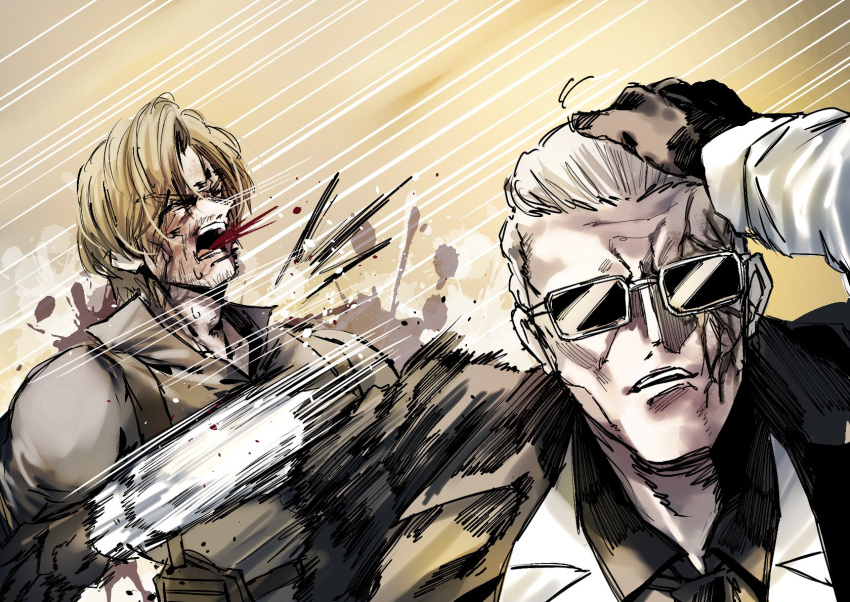 2boys, black_gloves, black_shirt, blonde_hair, blood, blood_from_mouth, blood_on_face, closed_eyes