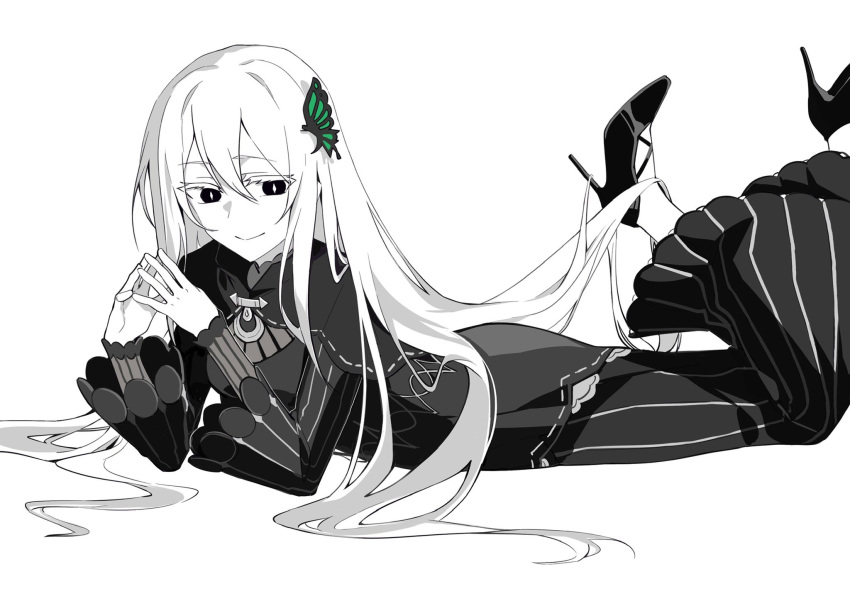 1girl, black_capelet, black_dress, black_eyes, bright_pupils, butterfly_hair_ornament, capelet, closed_mouth, colored_eyelashes, dress, echidna_(re:zero), full_body, hair_between_eyes, hair_ornament, hair_spread_out, high_heels, highres, long_hair, long_sleeves, looking_at_viewer, lying, mingbuliaomu, on_stomach, re:zero_kara_hajimeru_isekai_seikatsu, simple_background, smile, solo, steepled_fingers, striped_clothes, striped_dress, the_pose, vertical-striped_clothes, vertical-striped_dress, very_long_hair, white_background, white_hair