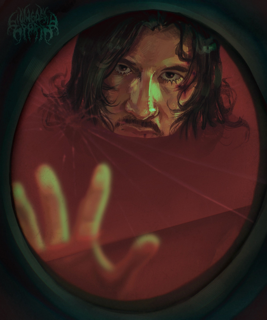 1boy, against_glass, black_eyes, black_hair, blood, blood_on_face, broken_glass, commentary