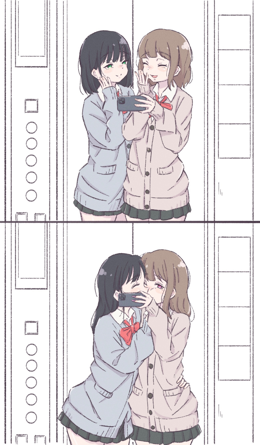 2girls, absurdres, black_hair, black_skirt, bow, bowtie, brown_hair, cardigan