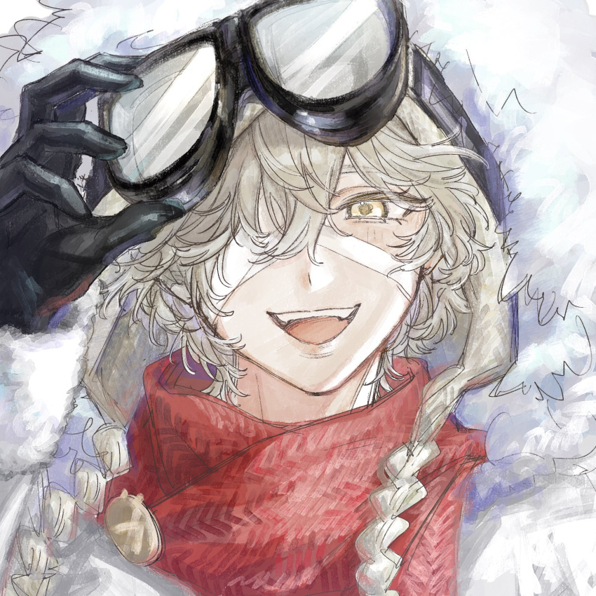 1boy, bandage_over_one_eye, black_gloves, blonde_hair, close-up, coat, commentary, fangs, florian_brand, fur-trimmed_coat, fur_trim, gloves, goggles, hair_over_one_eye, hand_up, hat, highres, holding, holding_goggles, identity_v, long_sleeves, looking_at_viewer, male_focus, nt72_3kan, open_mouth, portrait, red_scarf, scarf, short_hair, smile, solo, teeth, untranslatable_commentary, upper_teeth_only, white_coat, yellow_eyes, yellow_hat