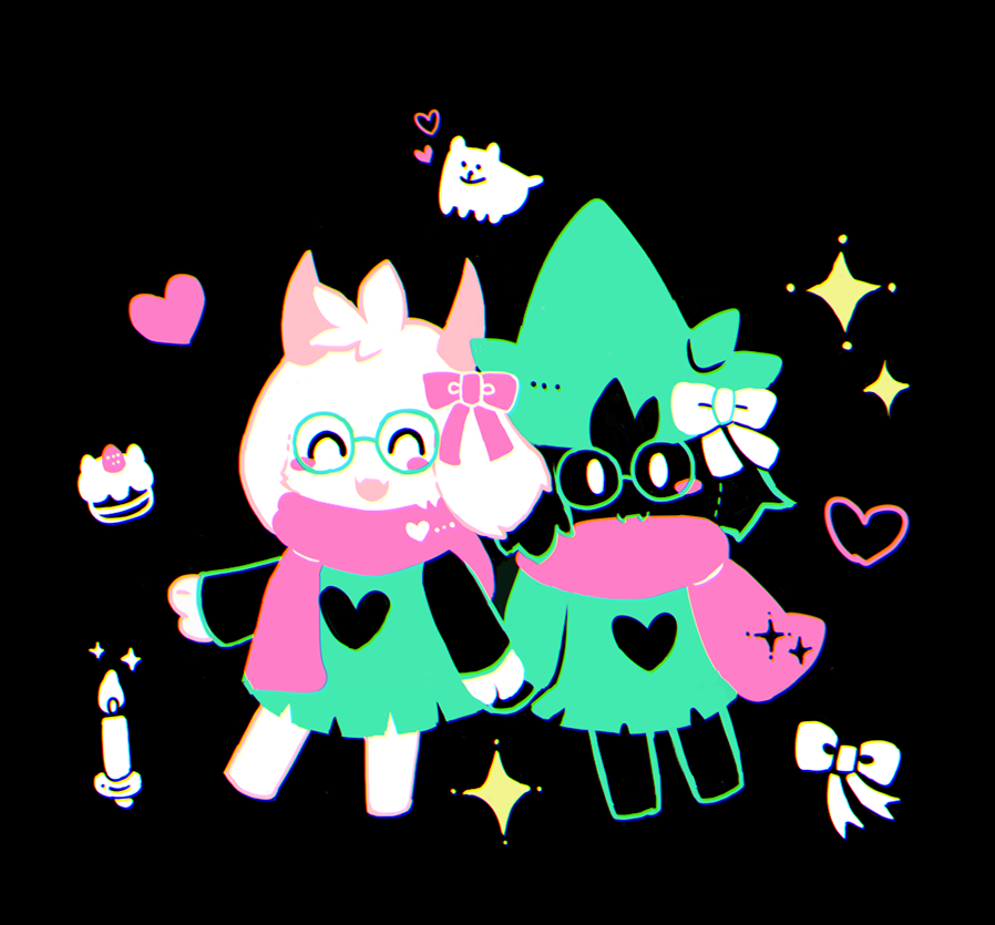 2boys, animal_ears, annoying_dog, barefoot, black_background, blush, bow, candle, deltarune, dog, dual_persona, fangs, furry, furry_male, glasses, green-framed_eyewear, green_hat, hat, horns, kae77p, long_sleeves, looking_at_viewer, male_focus, multiple_boys, pink_bow, pink_scarf, ralsei, ralsei_(hat), round_eyewear, scarf, simple_background, skin_fangs, smile, utdr_(toby_fox), white_bow, white_eyes