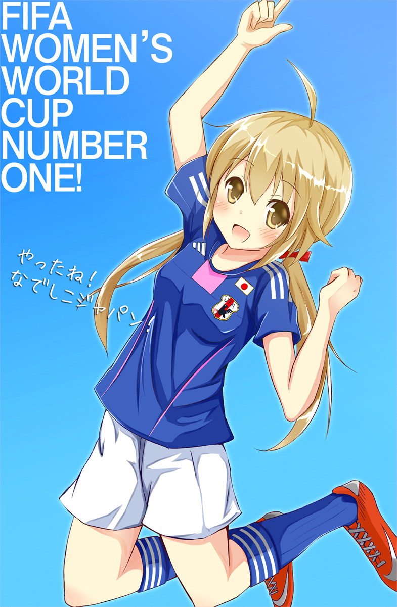 1girl, 2011_fifa_women's_world_cup, 2011_fifa_women's_world_cup, ahoge, highres, ok-ray, soccer_uniform, twintails, world_cup