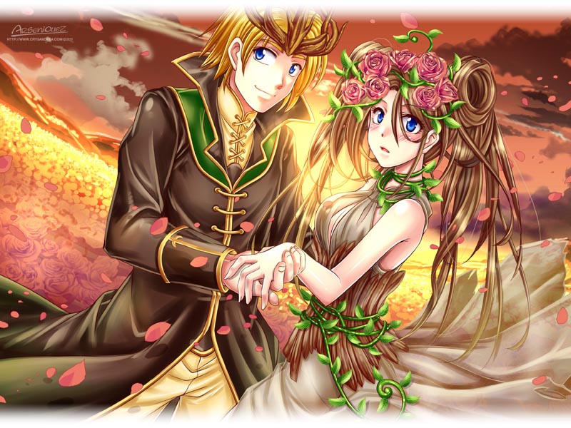 arseniquez, blonde_hair, blue_eyes, blush, brown_hair, couple, dress, female