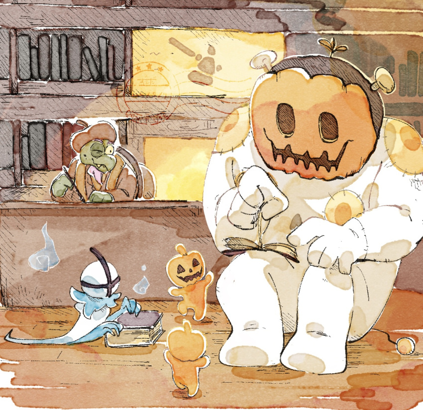 2boys, book, brown_hat, commentary_request, creature, deltarune, full_body, gerson_boom