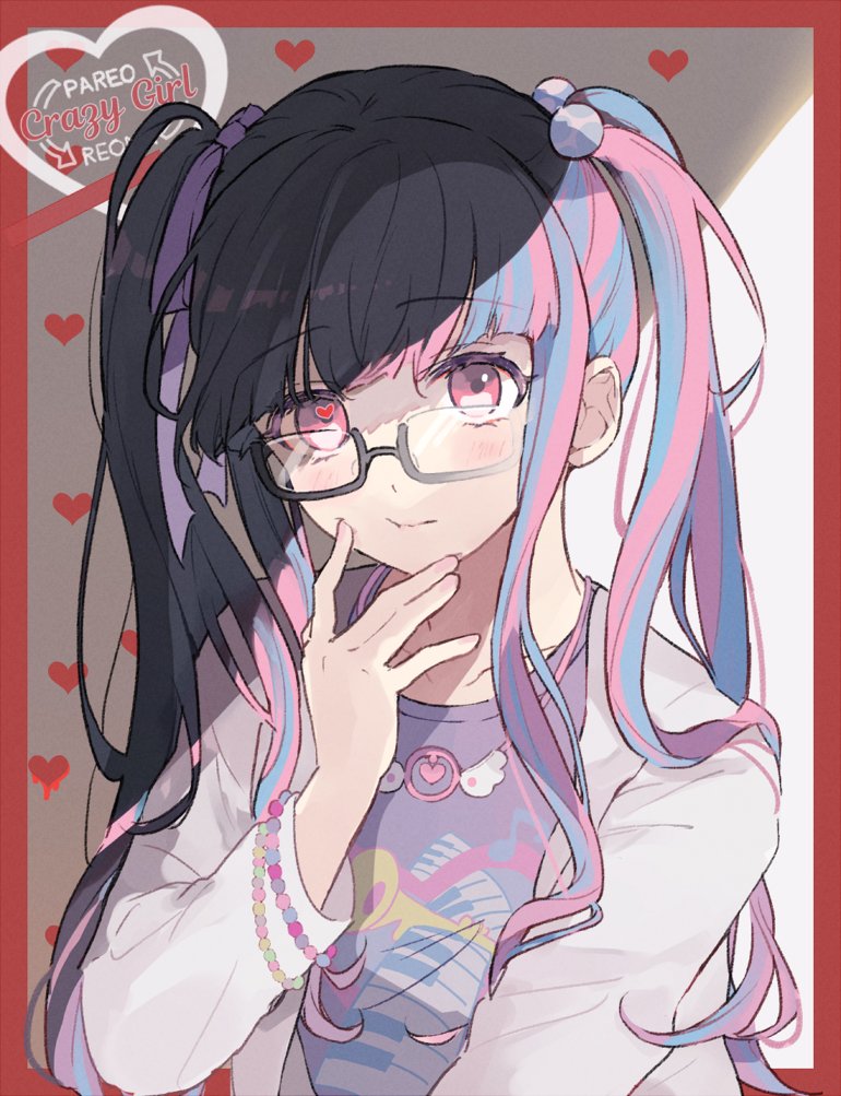 1girl, bang_dream!, bang_dream!_girls_band_party!, black-framed_eyewear, black_hair, blue_hair, blunt_bangs, border