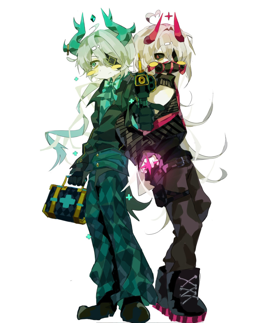 2boys, aqua_bow, aqua_bowtie, aqua_eyes, aqua_horns, aqua_jacket, aqua_pants, back-to-back