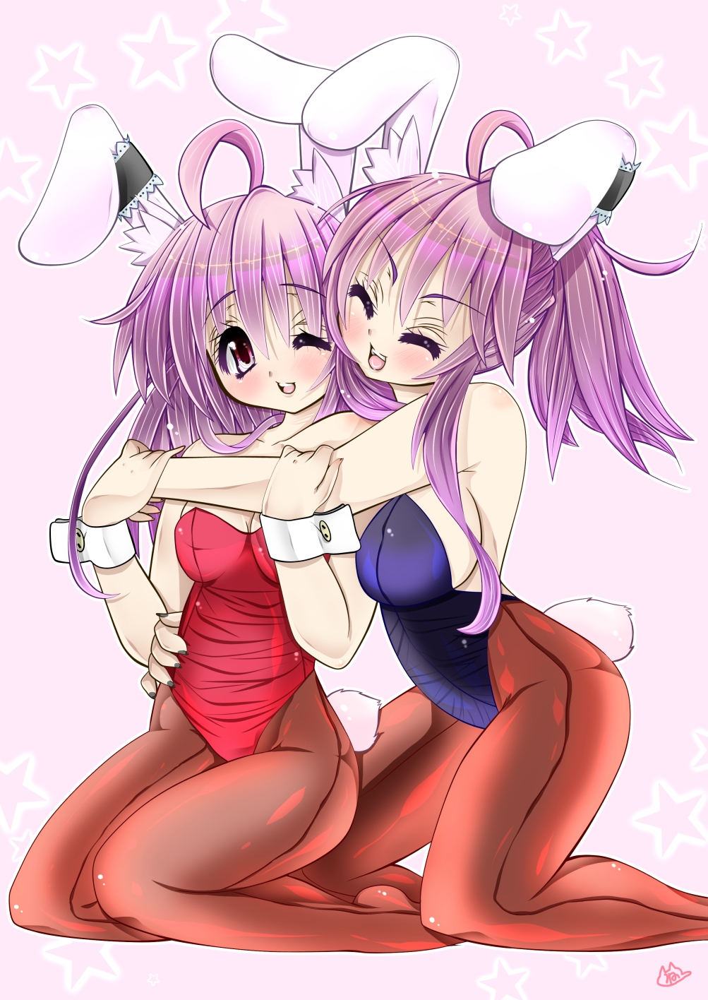 animal_ears, bad_id, bunny_ears, bunnysuit, closed_eyes, eyes_closed, highres, hug