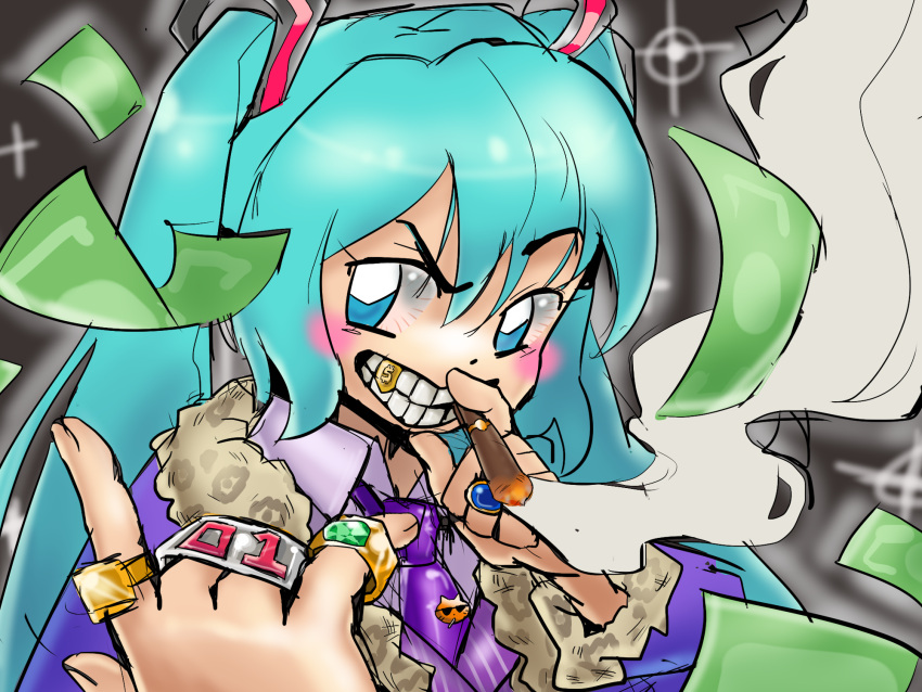1girl, aqua_hair, banknote, bling, blue_eyes, blue_hair, cigar, commentary