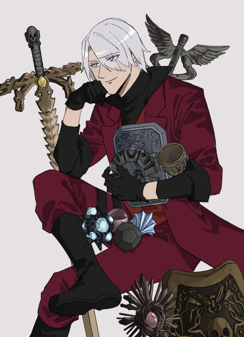 1boy, 420095suzu, absurdres, black_gloves, boots, coat, dante_(devil_may_cry), devil_may_cry_(series)