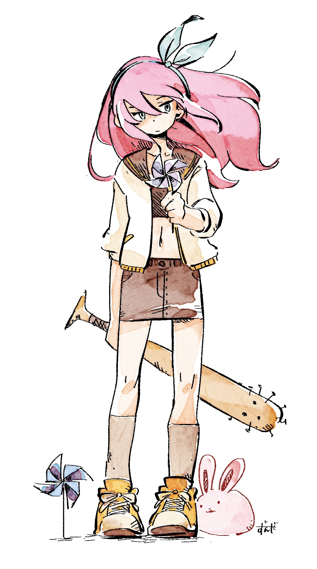 1girl, aubrey_(faraway)_(omori), aubrey_(omori), baseball_bat, blue_eyes, blue_hairband, bun-bun_(omori), closed_mouth