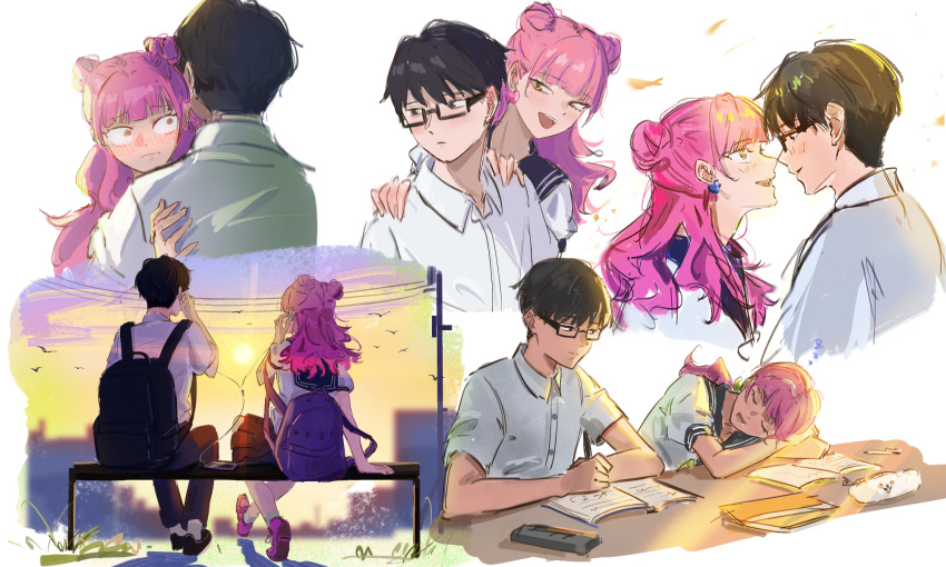 1boy, 1girl, backpack, bag, black-framed_eyewear, black_eyes, black_hair, black_pants