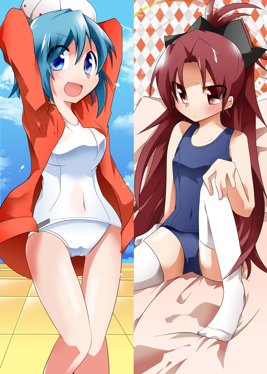 blue_hair, funmatu, hat, highres, jacket, long_hair, mahou_shoujo_madoka_magica, miki_sayaka, one-piece_swimsuit, ponytail, red_eyes, red_hair, redhead, sakura_kyouko, school_swimsuit, short_hair, swimsuit, thigh-highs, thighhighs, white_school_swimsuit