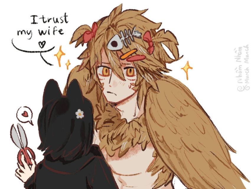 1boy, 1girl, animal_ears, bird_boy, bird_wings, black_hair, bow, brown_hair