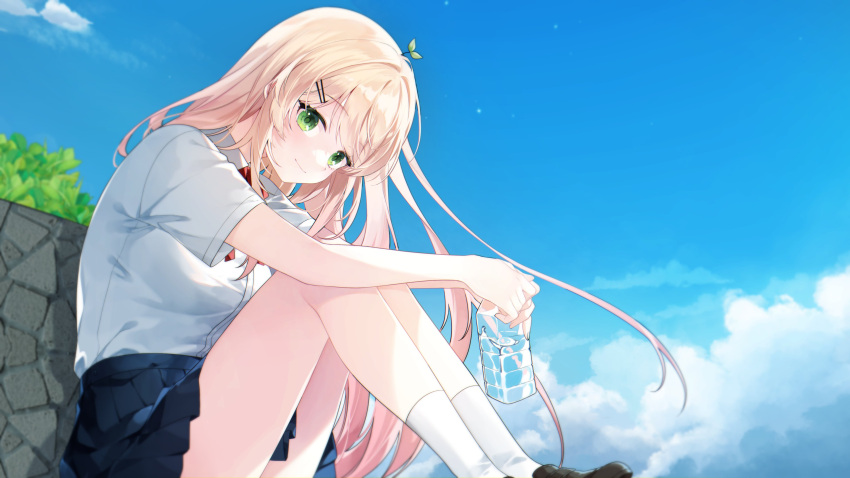 1girl, absurdres, black_shoes, blonde_hair, blue_skirt, blue_sky, bottle, bow