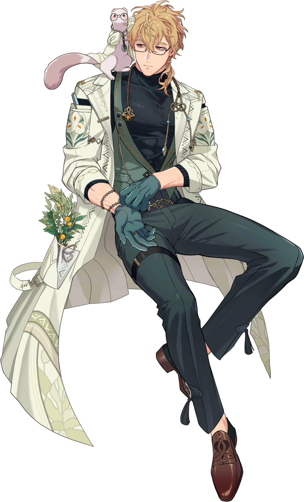 1boy, adjusting_clothes, adjusting_gloves, animal, animal_on_shoulder, bags_under_eyes, belt, black_shirt