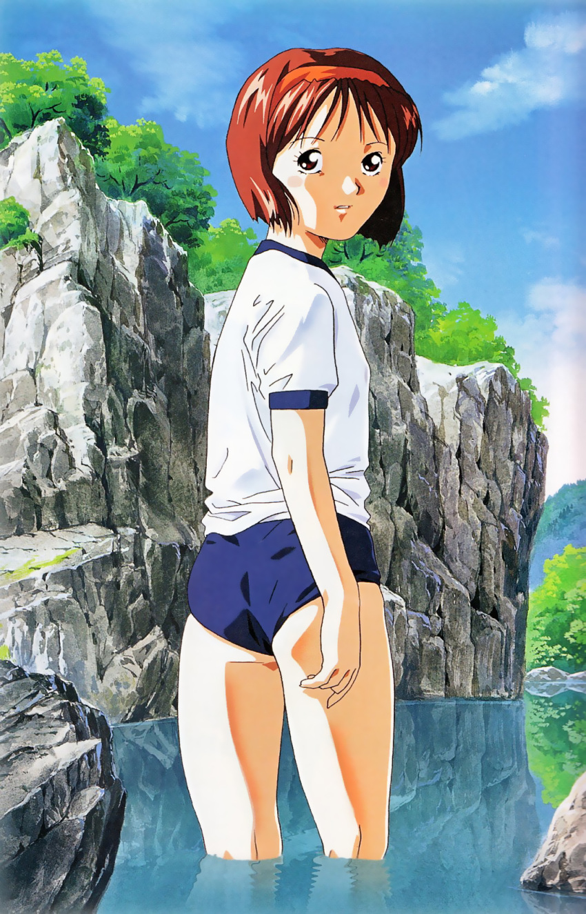 artist_request, hairband, highres, kayama_tamami, looking_back, outdoors, red_hair, redhead