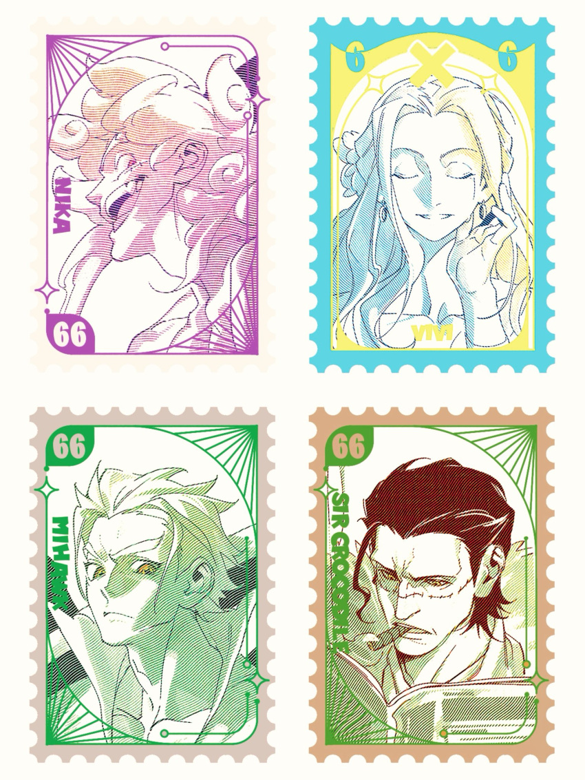 1girl, 3boys, alternate_form, black_hair, character_name, cigar, closed_eyes, commentary