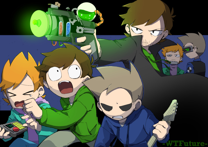 >_<, 6+boys, aiming, antenna_hair, artificial_eye, bass_guitar, beard_stubble, black_coat, black_eyes, black_vest, blue_background, blue_hoodie, blue_pants, blue_shirt, brown_hair, clenched_hand, clenched_teeth, coat, collared_shirt, commentary, cyborg, denim, drawstring, dual_persona, edd_(eddsworld), eddsworld, energy_gun, episode_title, facial_hair, fewer_digits, flipped_hair, future_edd_(eddsworld), future_matt_(eddsworld), future_tom_(eddsworld), green_hoodie, green_jacket, green_pants, hair_behind_ear, head-mounted_display, highres, holding, holding_bass_guitar, holding_energy_gun, holding_instrument, holding_weapon, hollow_eyes, hood, hood_down, hoodie, instrument, jacket, jeans, kion-aaaaa, lcd, letterboxed, long_sleeves, male_focus, matt_(eddsworld), mechanical_eye, multiple_boys, open_clothes, open_coat, open_jacket, open_mouth, orange_hair, pants, purple_hoodie, purple_sweater, running, shirt, short_hair, simple_background, spiky_hair, stubble, susan_(eddsworld), sweat, sweater, swept_bangs, tears, teeth, time_machine, time_paradox, time_travel, tom_(eddsworld), toon_(style), trench_coat, turtleneck, turtleneck_sweater, vest, weapon, wide-eyed