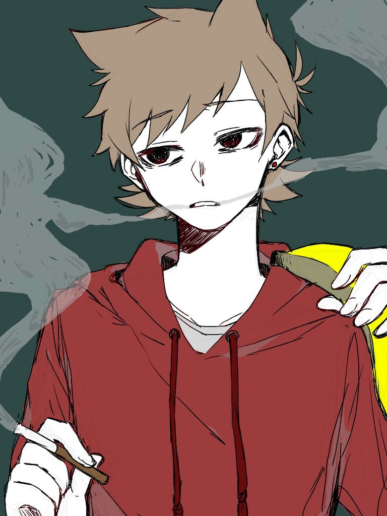 1boy, animification, antenna_hair, banana, brown_hair, cigarette, commentary, drawstring, eddsworld, english_commentary, flipped_hair, food, fruit, green_background, hair_behind_ear, hair_ears, holding, holding_cigarette, holding_food, holding_fruit, hood, hood_down, hoodie, jitome, kion-aaaaa, long_sleeves, looking_to_the_side, male_focus, red_eyes, red_hoodie, short_hair, simple_background, smoke, smoking, solo, swept_bangs, tord_(eddsworld), upper_body