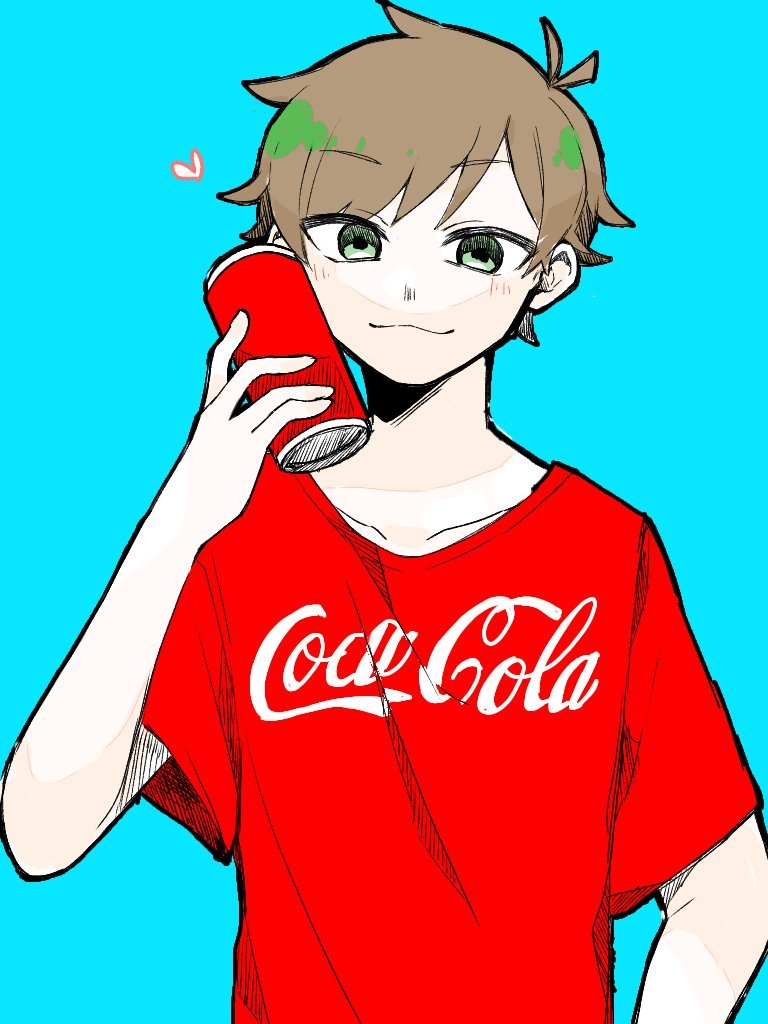 1boy, :3, alternate_costume, animification, antenna_hair, blue_background, brown_hair, can